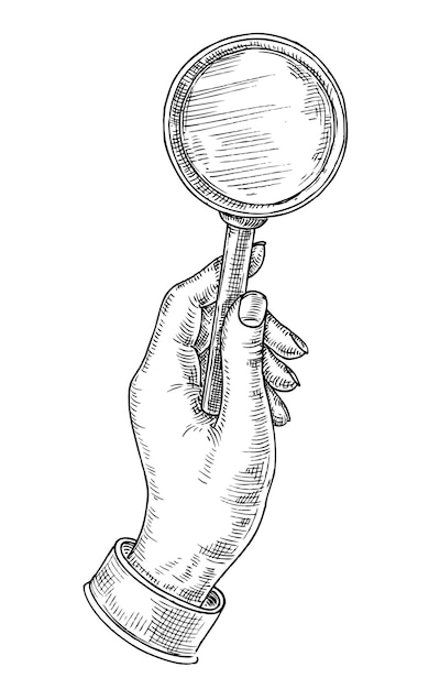 Sketch hand holding magnifying glass Equipment for investigation detective examining or having inspection