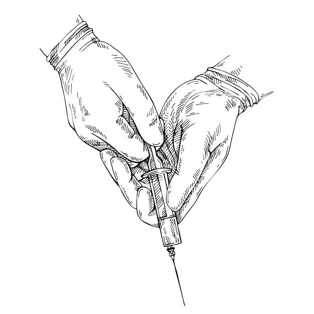 Vector sketch hand with gloves. doctor filling a syringe. hand holding syringe. injection.