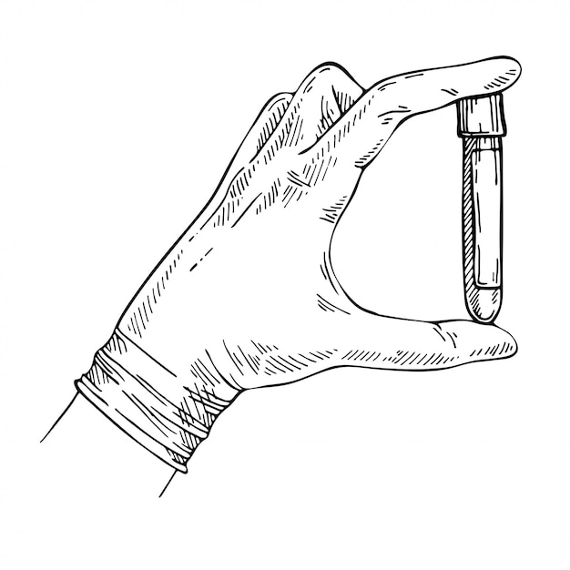 Sketch Hand with latex glove holding a test tube with the analysis. Blood sample for coronavirus infection