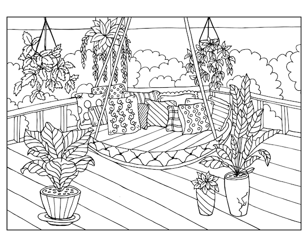 Sketch handdrawn hanging sofa on the terrace against the background of flowers in pots