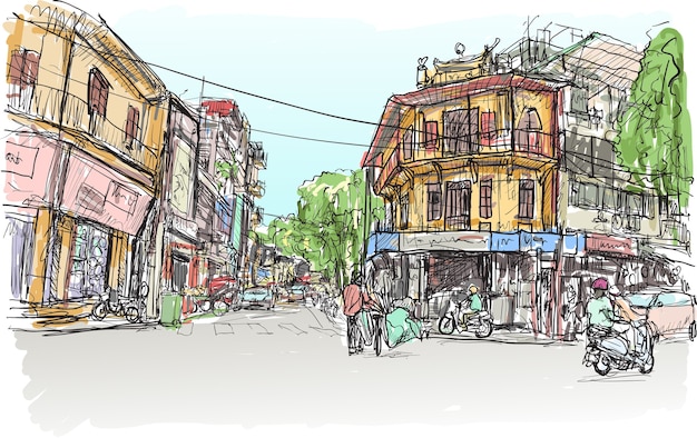 Sketch of Hanoi town street market and old building