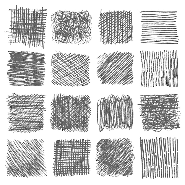 Sketch hatching pen Pen scribble effects Doodle freehand sketchy clipart Messy hand drawn monochrome pattern Square shape set with outline ornaments