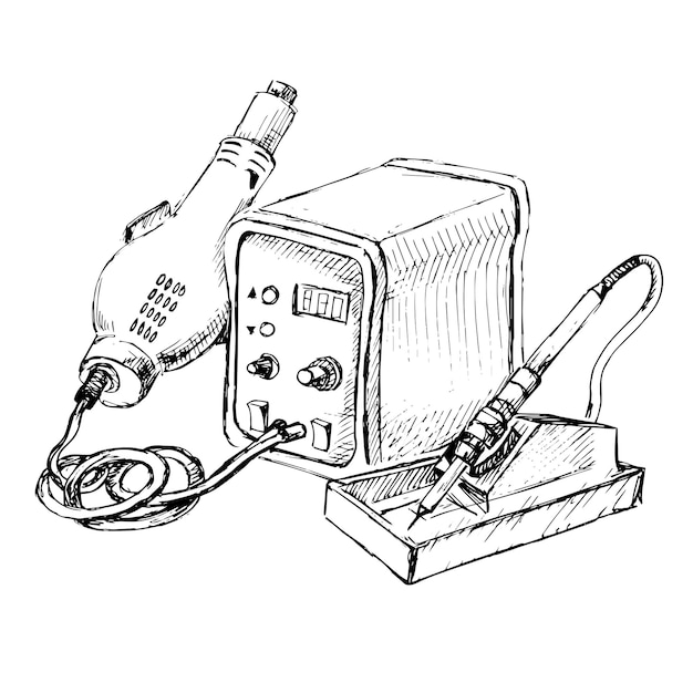 Sketch of Hot Air Rework Soldering Iron Station. Vector illustration.