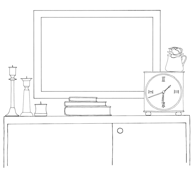 Sketch of the interior A table a bedside table a shelf with various interior items Can be used as a mock up Frame for your graphics