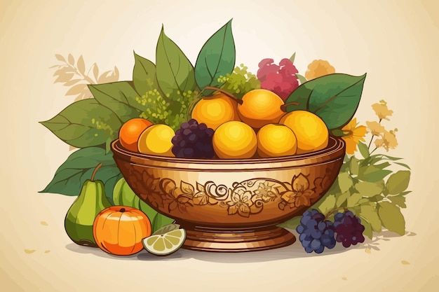 sketch of kerala festival with vishu kani vishu flower fruits and vegetables in a vessel illustration