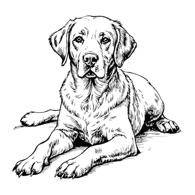 Vector sketch of a labrador retriever lying down front view on a white background