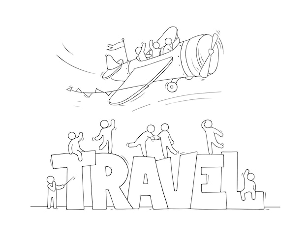 Sketch of little people fly on plane