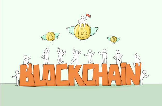 Sketch of little people with word Blockchain