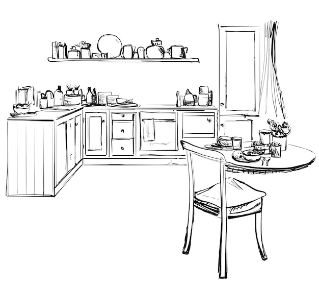 Sketch of modern corner kitchen Black pencil lines on white background Dinner table