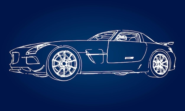 Sketch of a modern sports car on a blue background with a gradient.