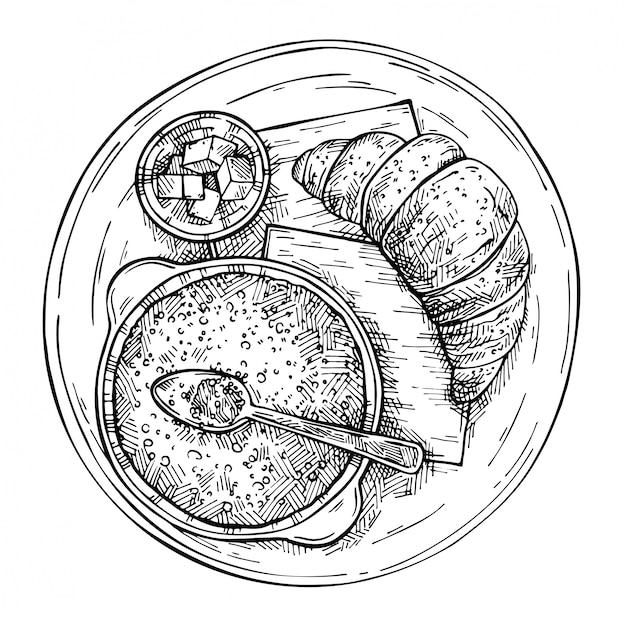 Sketch Morning food - oatmeal, croissant and butter.Hand drawn vintage Breakfast top view. Engraved style.