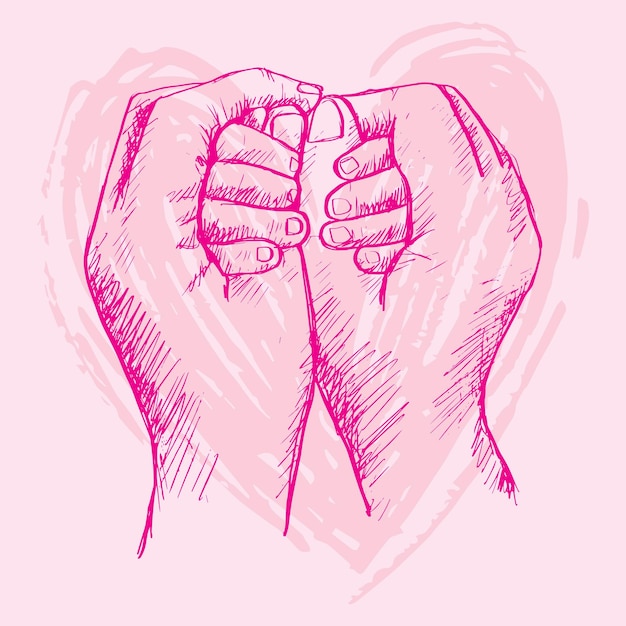 Sketch mother hands holding baby with heart shape background.