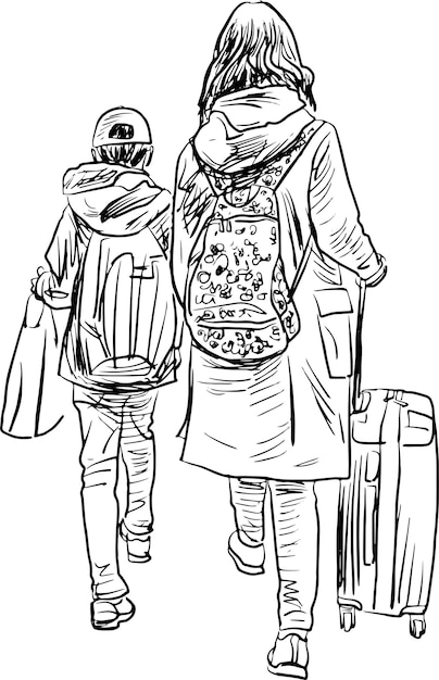 Sketch of mother with her son going in vacation with suitcase