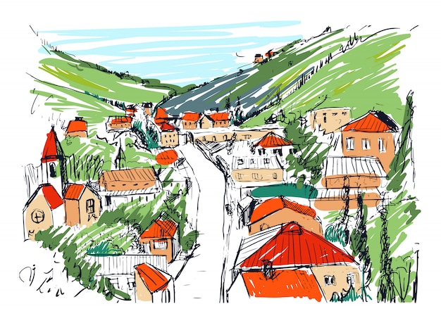 Sketch of mountain landscape with Georgian town colored hand drawn. Beautiful monochrome drawing with buildings and streets of small city located between hills. illustration.