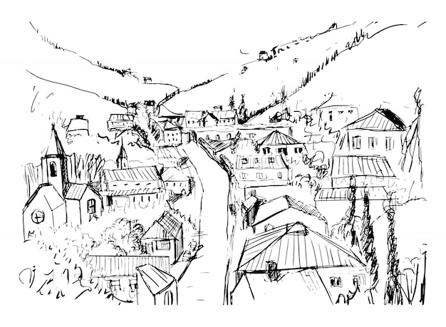 Sketch of mountain landscape with Georgian town hand drawn in black and white colors. Beautiful monochrome drawing with buildings and streets of small city located between hills. illustration.