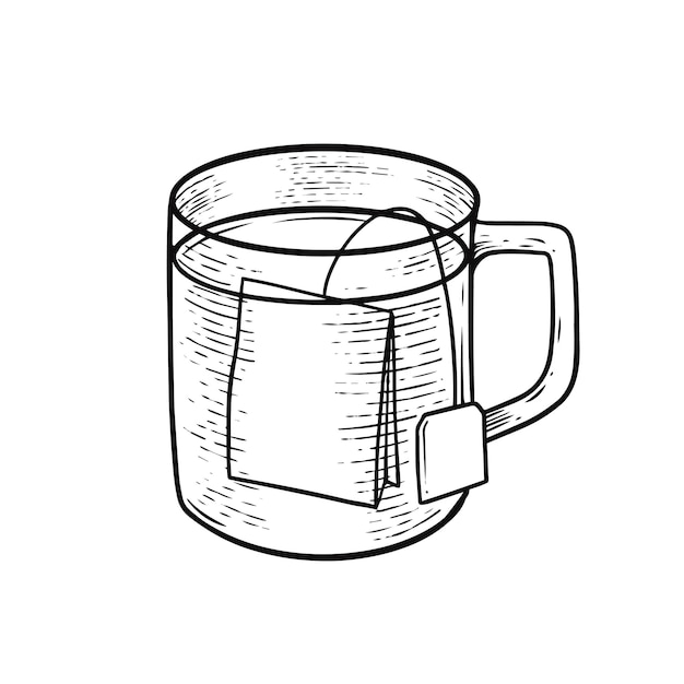 A sketch of a mug of tea with a tea bag.