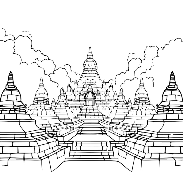 Sketch Outline of a Buddhist Temple for Kids Coloring Book