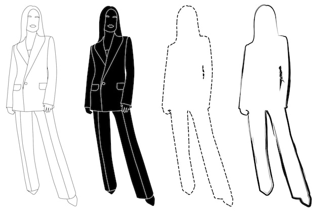 Sketch outline of the silhouette girl in a fashionable suit standing Doodle black white line drawing