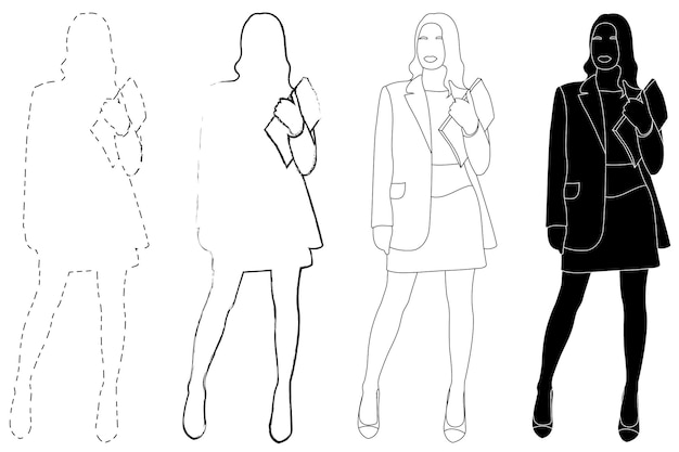 Sketch outline of the silhouette of a girl in a fashionable suit standing Doodle line drawing