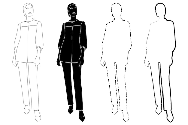 Sketch outline of the silhouette of a girl in a fashionable suit standing Doodle line drawing