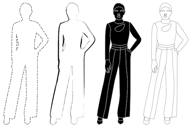 Sketch outline of the silhouette of a girl in a fashionable suit standing Doodle line drawing