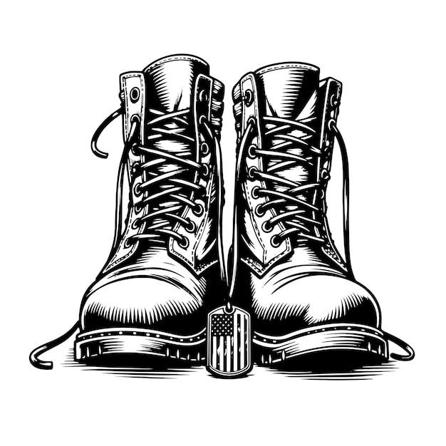 Sketch A pair of military boots with a badge on them Vector illustration