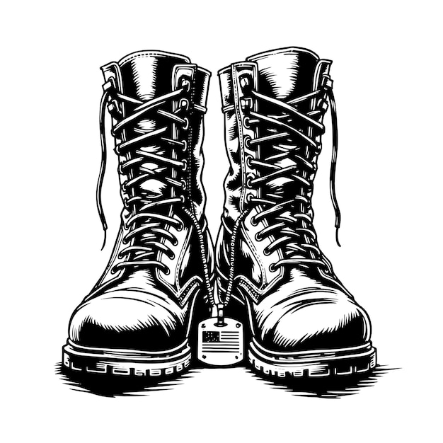 Sketch A pair of military boots with a padlock on them Vector illustration