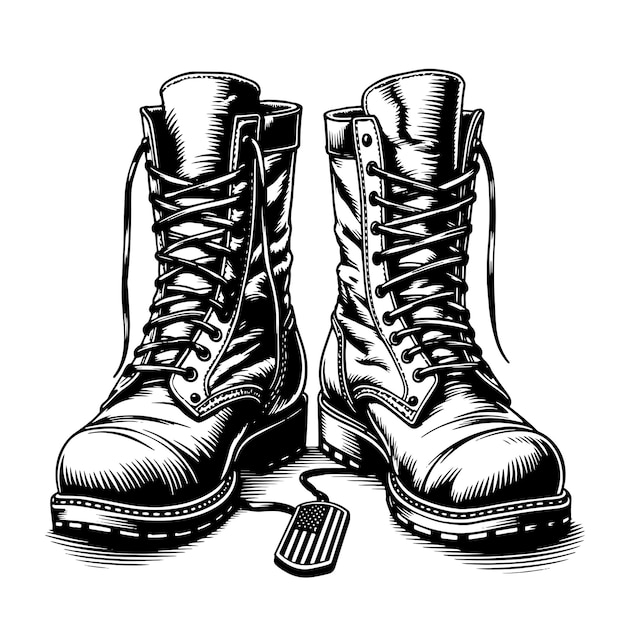 Sketch A pair of military boots with a tag attached to them Vector illustration