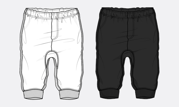 A sketch of a pair of shorts with the front and back side of the shorts.