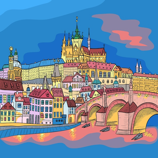 sketch of Prague landscape with Prague Castle and Charles Bridge