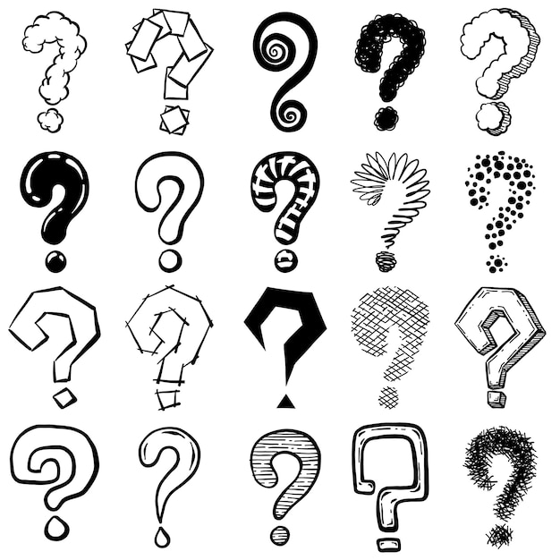 Sketch question mark. Hand drawn black interrogation marks, ask exam and faq symbols. Interrogative signs, doodle questions vector icons with stripes, dots of different shape on white