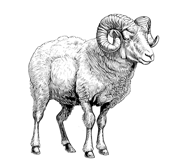 A sketch of a ram with large horns.