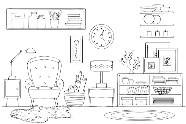 Sketch of room interior Black and white