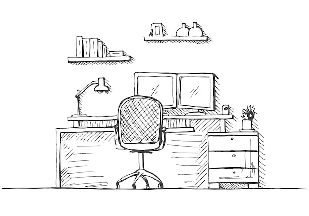 Sketch the room Office chair desk various objects on the table Sketch workspace  Vector illustration