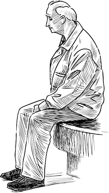 A sketch of an sad old man sitting on a park bench