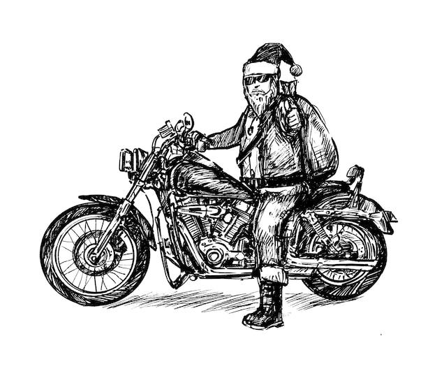 Sketch of santa mortocycle hand draw