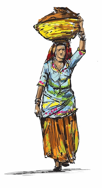 Sketch of sari woman in India hand draw