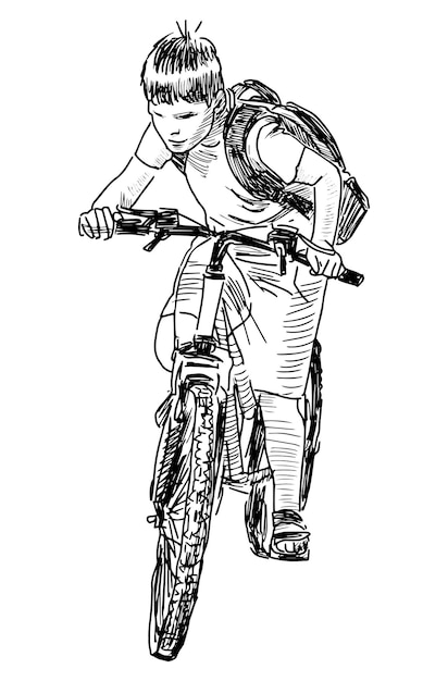 Sketch of school boy riding a bicycle on summer day