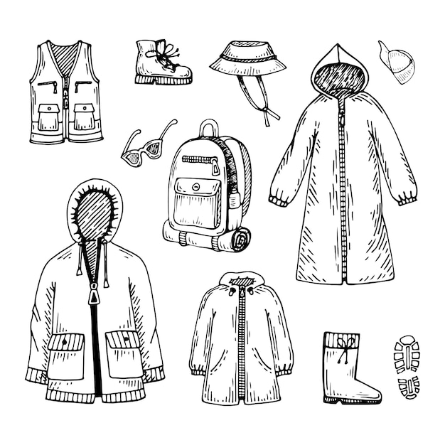 Vector sketch set clothes for hiking trip travel to forest mountains hand drawn line art