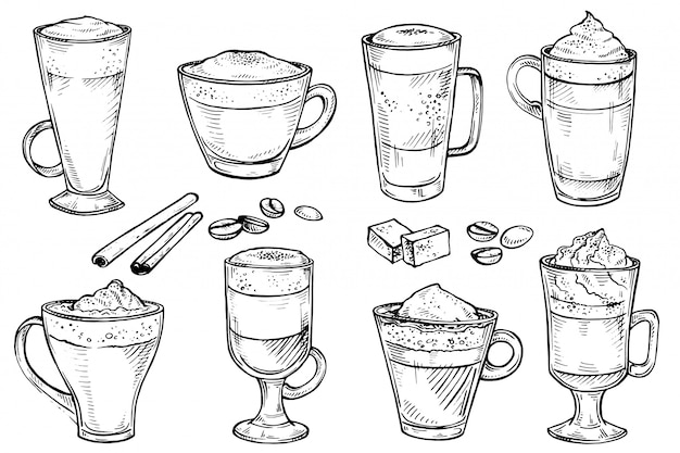 Sketch set of Coffee kind menu drinking cup.