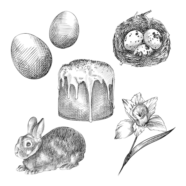 Sketch set of hand-drawn Easter attributes. Set consists of dyed eggs, easter bunny, Easter cake (kulich), quail eggs in the nest, willow