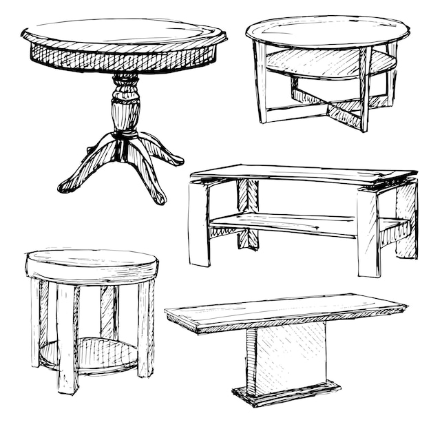 Sketch set isolated furniture Different  tables Linear black tables on a white background Vector illustration