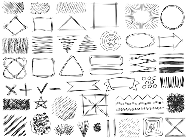 Vector sketch shapes. monochrome scribble symbols, drawing pencil frame, stroke and shade, hatched shaded badge round and square shape vector set. doodle tick, plus and cross, star and arrow