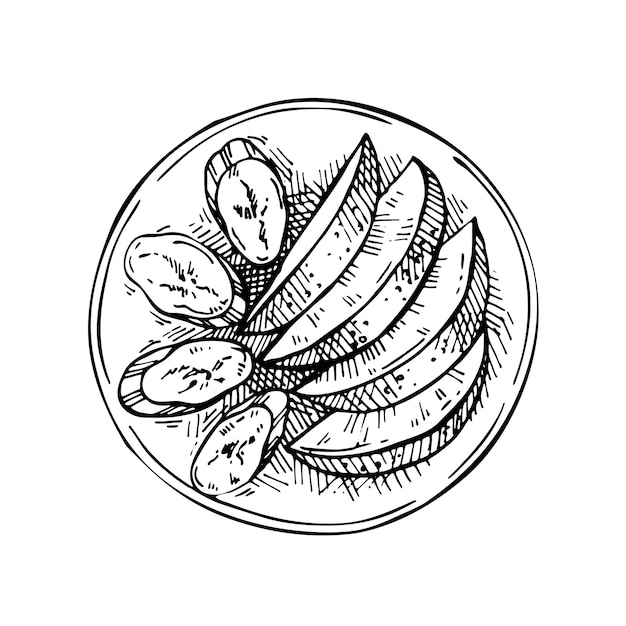 Sketch Sliced fruit on a plate: apple and banana. hand drawn ink illustration