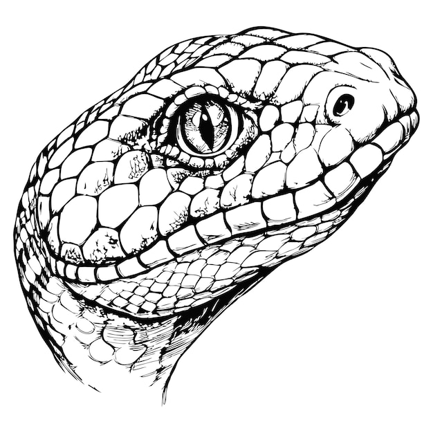 Sketch of a snakes head detailed closeup on a white background