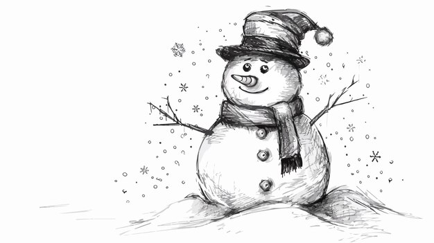 a sketch of a snowman with a hat on it