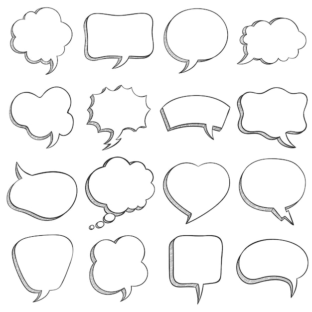 Sketch speech bubble. Empty comic speech bubbles different shapes for message, dialog balloons and cloud, outline doodle style vector set. Square, rectangle, heart and cloud shape bubbles