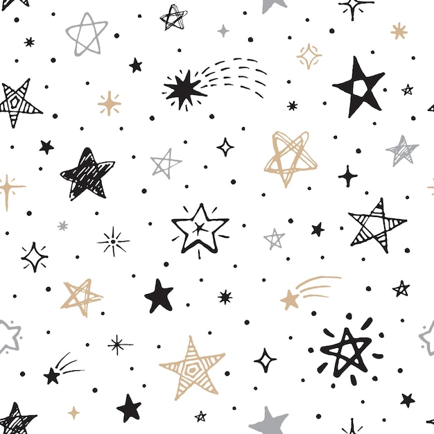 Sketch stars seamless pattern Black star holiday christmas galaxy print Isolated doodle falling elements grunge scribble comets tidy vector texture