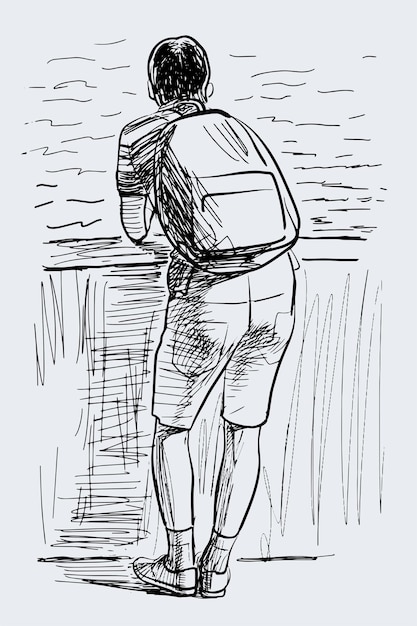 Sketch of student boy standing on river embankment for rest