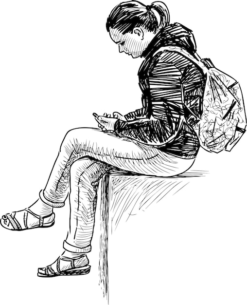 Sketch of a student girl sitting with her mobile phone